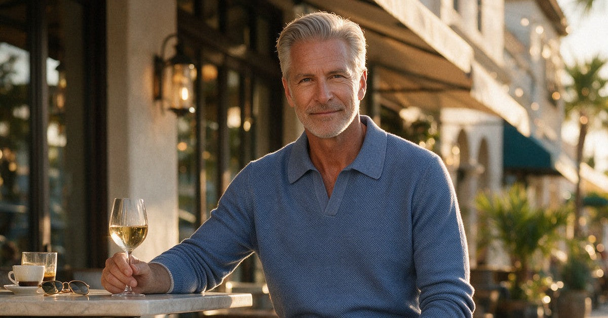Man in a blue Paul and Shark knit polo with a glass of white wine at a sidewalk café on Fifth Avenue South, Naples, at golden hour