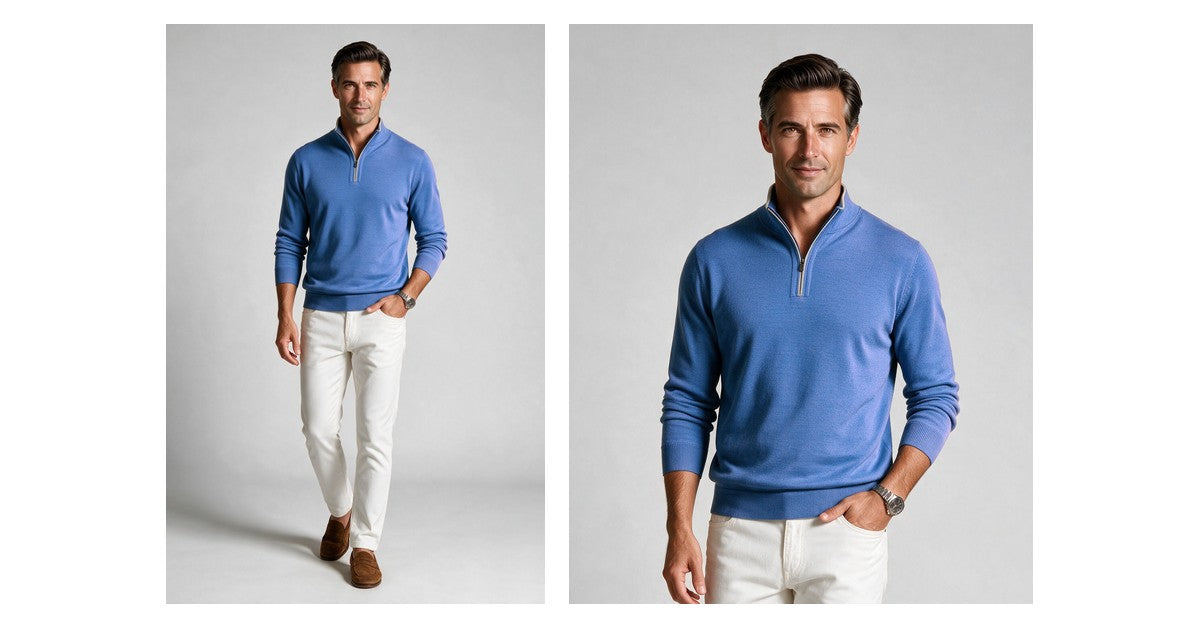 Man in the St. Croix Zip Mock with Tipping in Coastal Blue with white jeans and brown loafers, full look and close-up