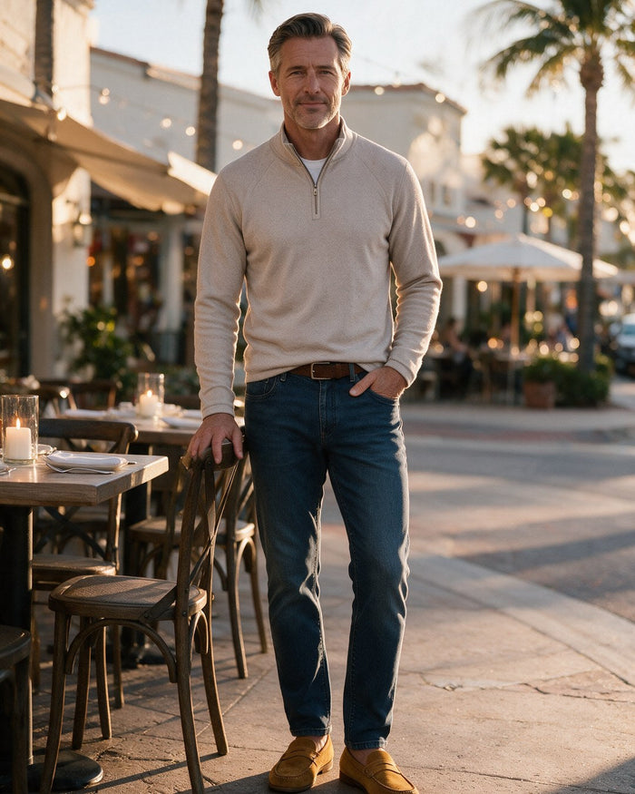 Bugatchi limestone chevron quarter-zip with Alberto Pipe Super Stretch indigo denim at a candlelit outdoor table