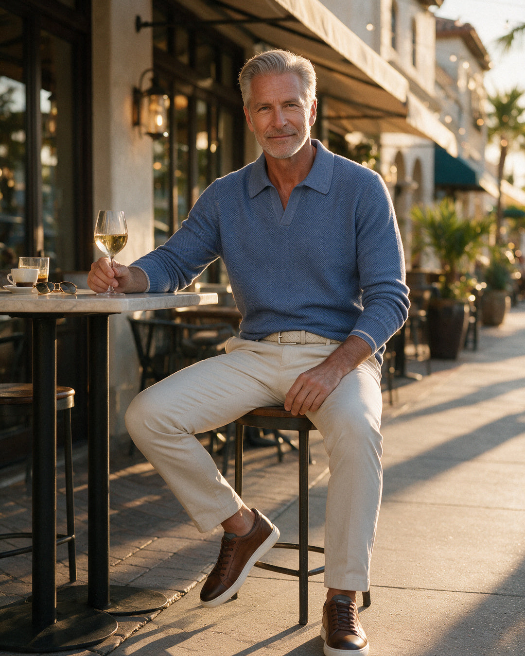 Paul & Shark blue knit polo with Alberto off-white trousers and Martin Dingman sneakers at a Naples high-top