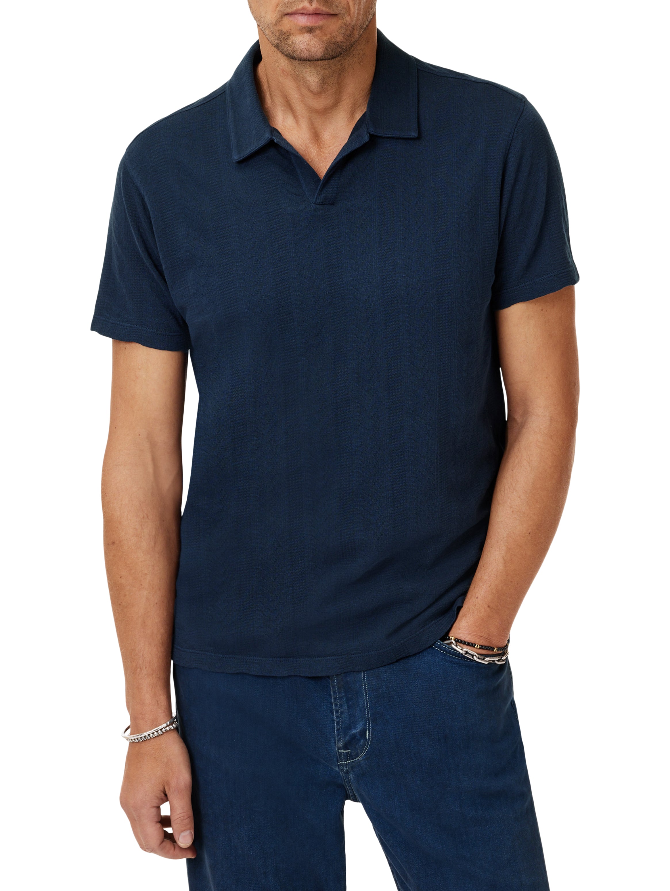 John Varvatos Men's Zion Short Sleeve Polo In Deep Blue On Model- Mondo Uomo