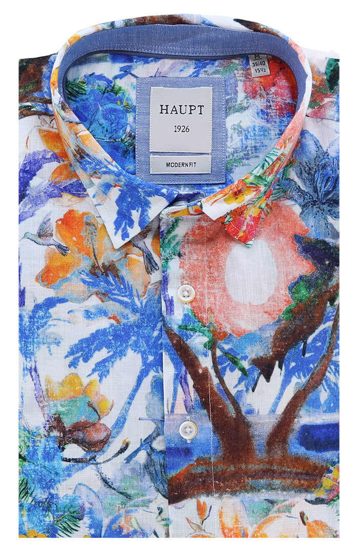 Haupt Short Sleeve Men's Shirt In Watercolor-Inspired Coastal Print - Mondo Uomo