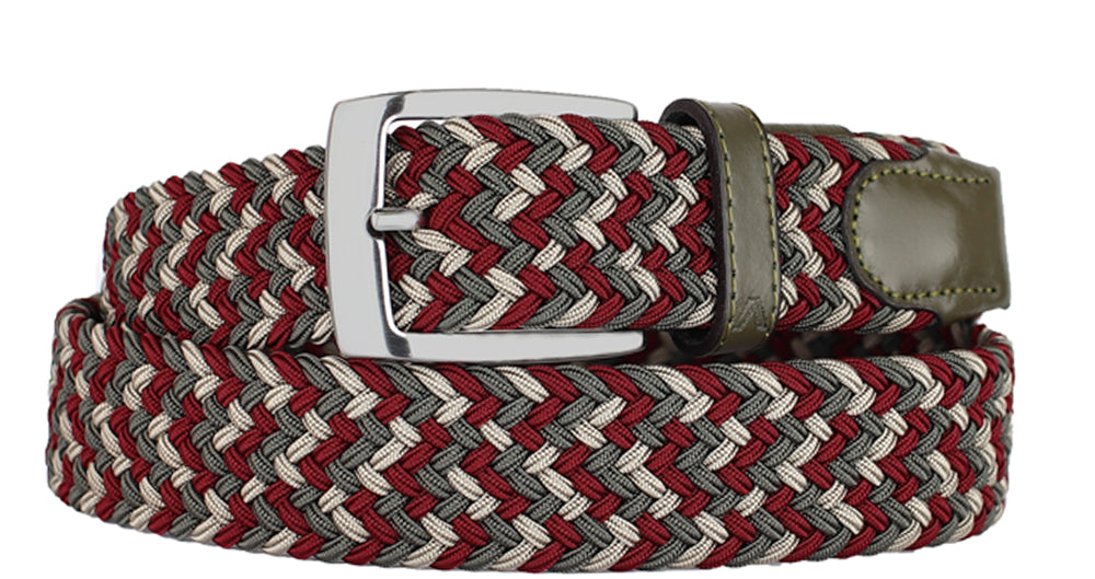 Alberto Men’s Braided Stretch Fabric Belt in Red Gray and Black with Silver Buckle - Mondo Uomo