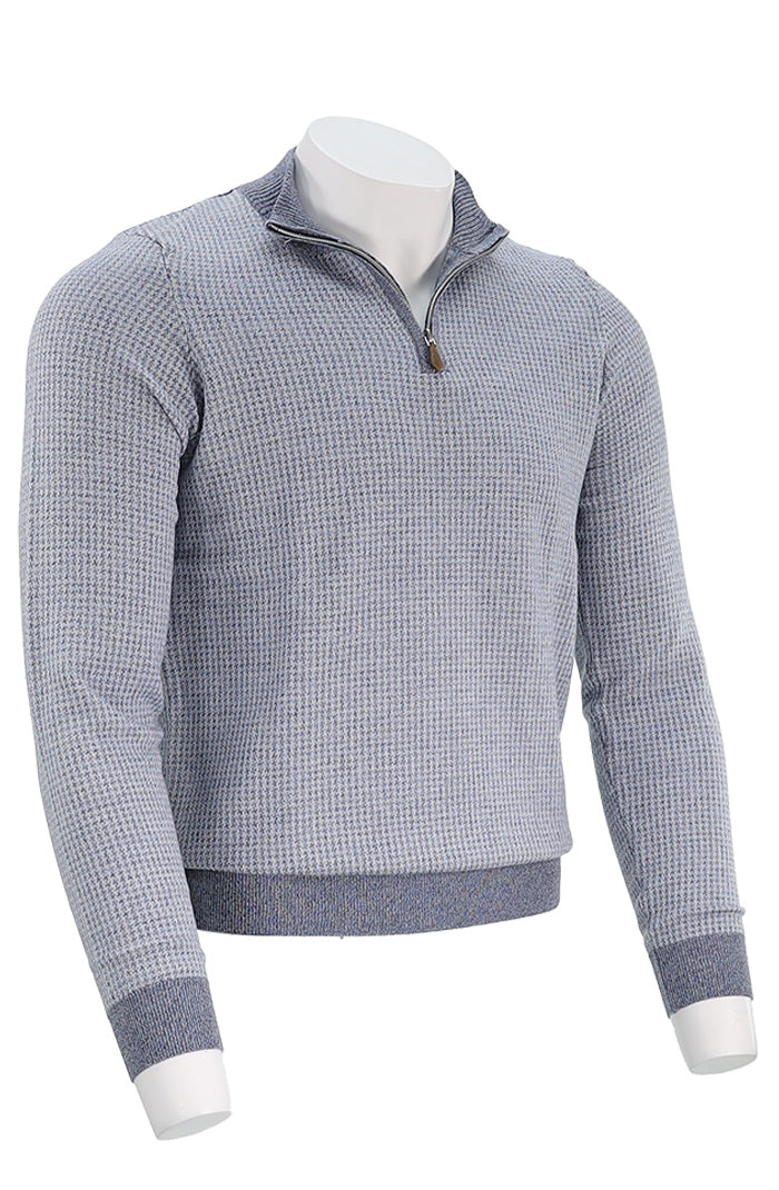 Stenstroms Merino Wool Men’s Half Zip Sweater in Light Blue with Ribbed Edges Angled View 420296-1355