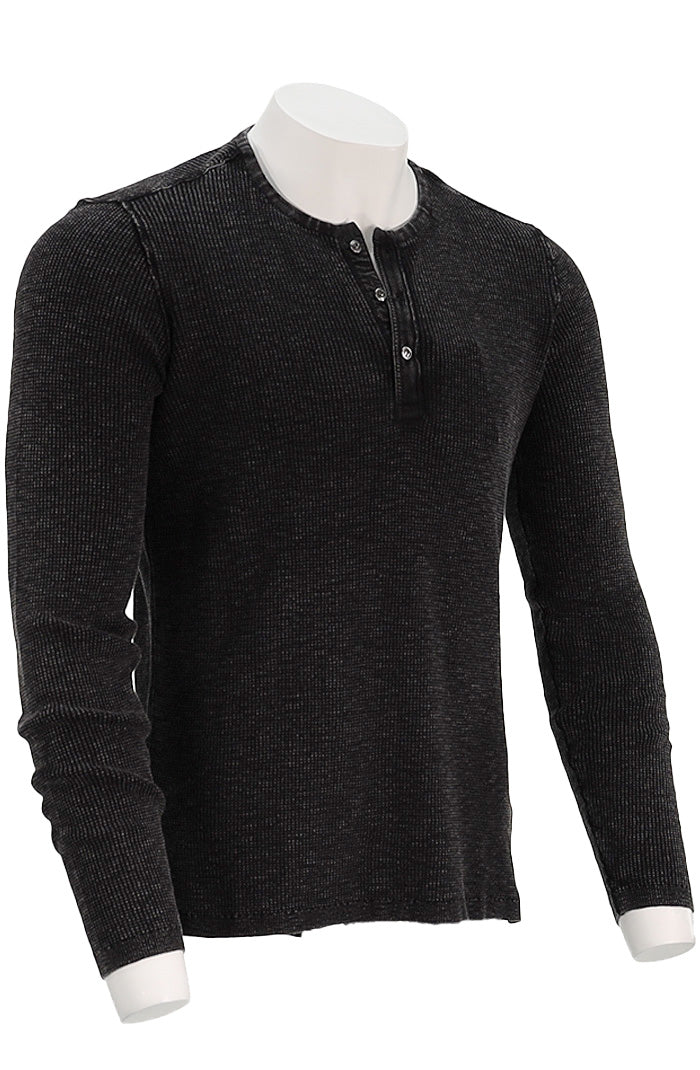 John Varvatos Memphis Men’s Black Waffle Henley Long Sleeve Side Angle Memphis