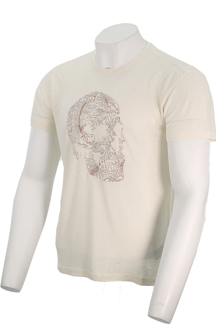 John Varvatos Men's Short Sleeve Skull Embroidered Crew Tee In Salt Angled View- Mondo Uomo