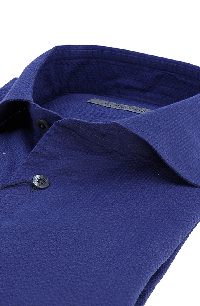 Corneliani Men's Seersucker Long Sleeve Cotton Shirt In Navy Close Up 133001