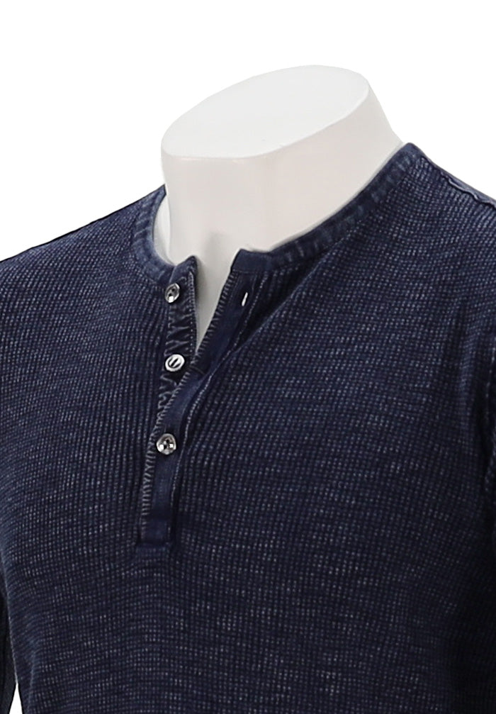 John Varvatos Memphis Men’s Waffle Henley in Navy Cotton Fadeaway Wash Close Up