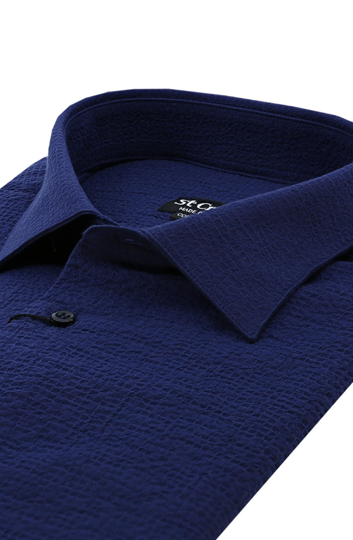 St. Croix Men's Long Sleeve Seersucker Solid Shirt In Deep Navy Close Up 6688