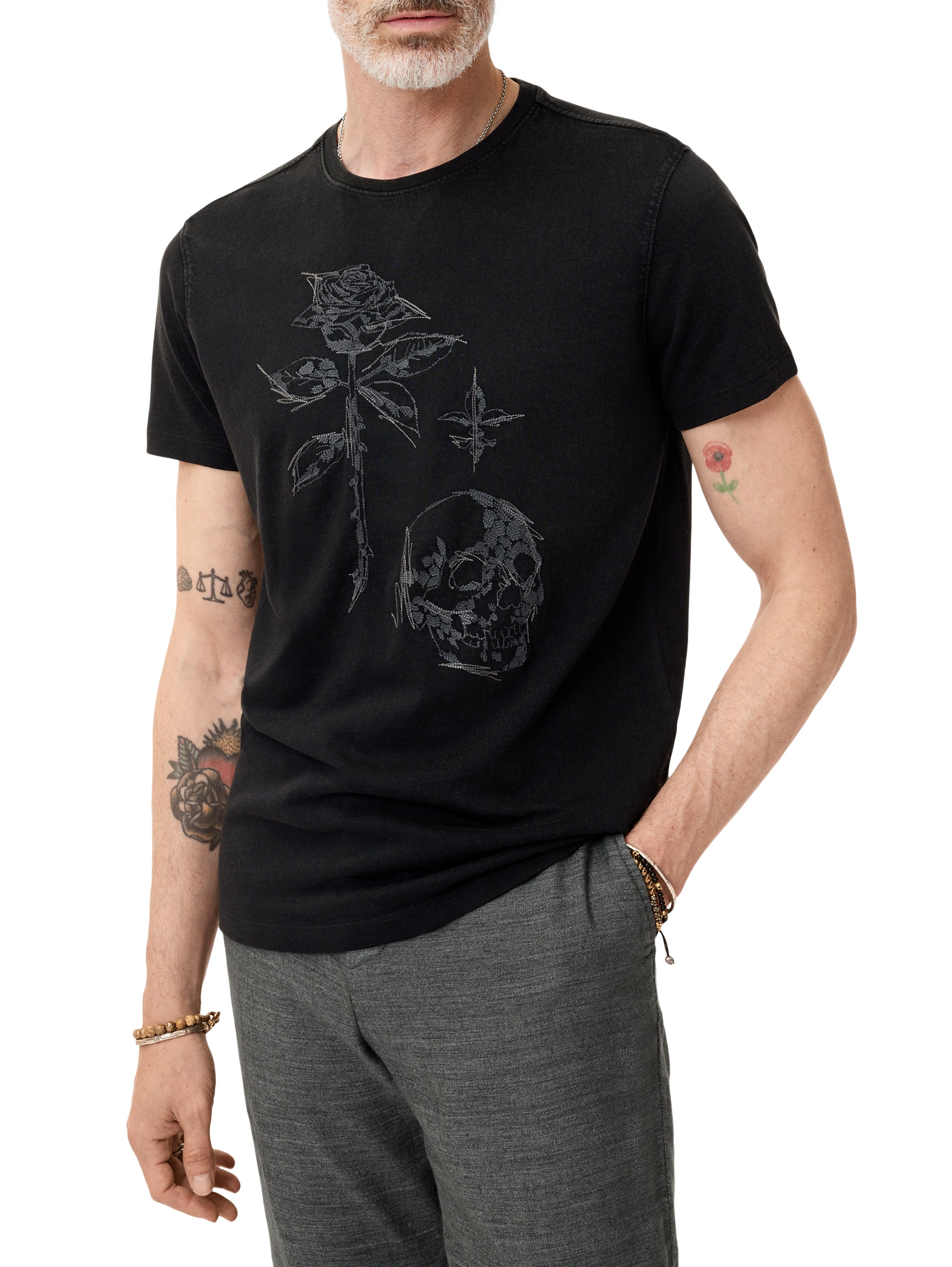 John Varvatos Men’s S/S Crew T-Shirt -Rose & Skull in Black On model- Mondo Uomo