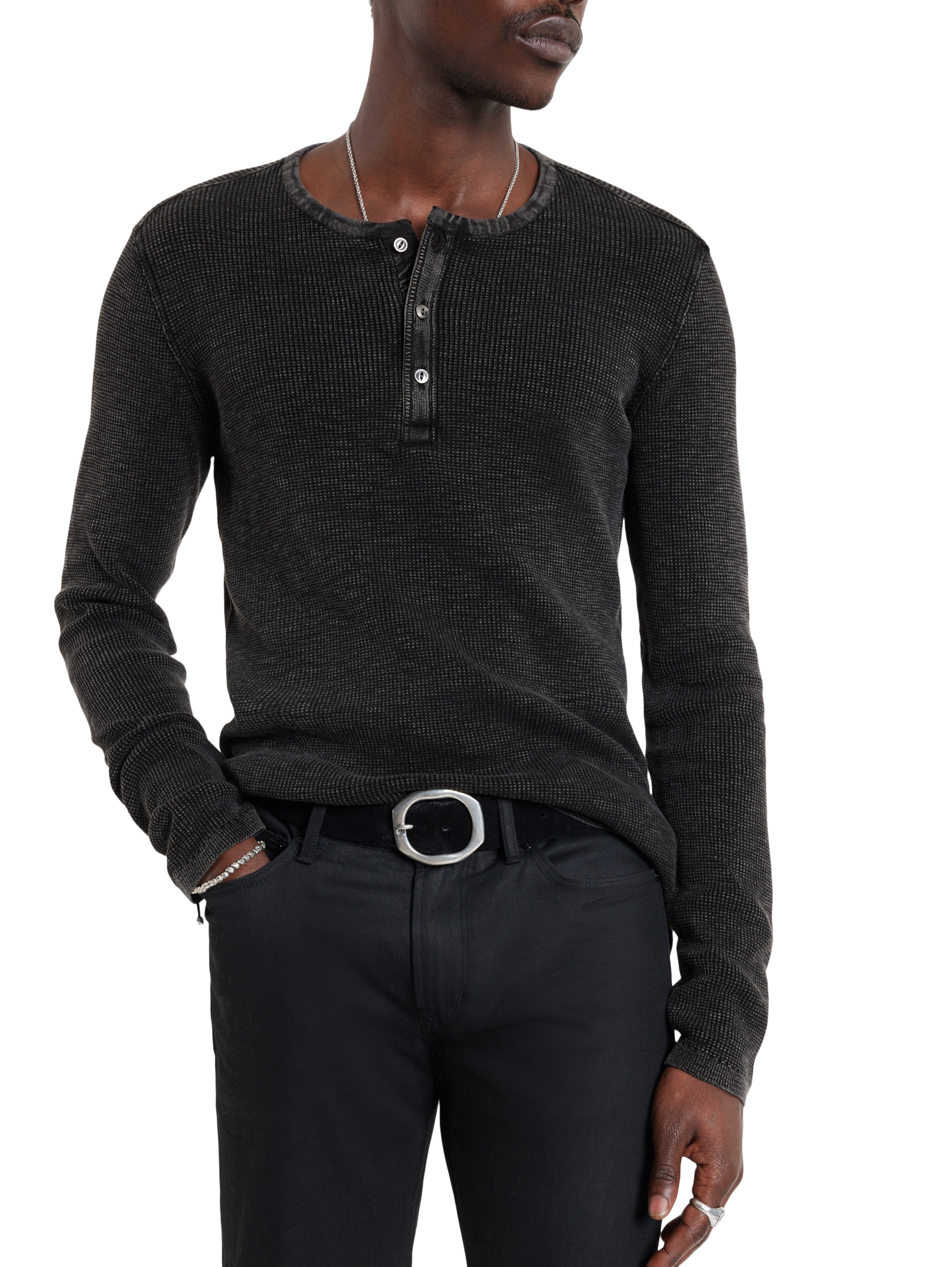 John Varvatos Memphis Men’s Black Waffle Henley Long Sleeve On Model