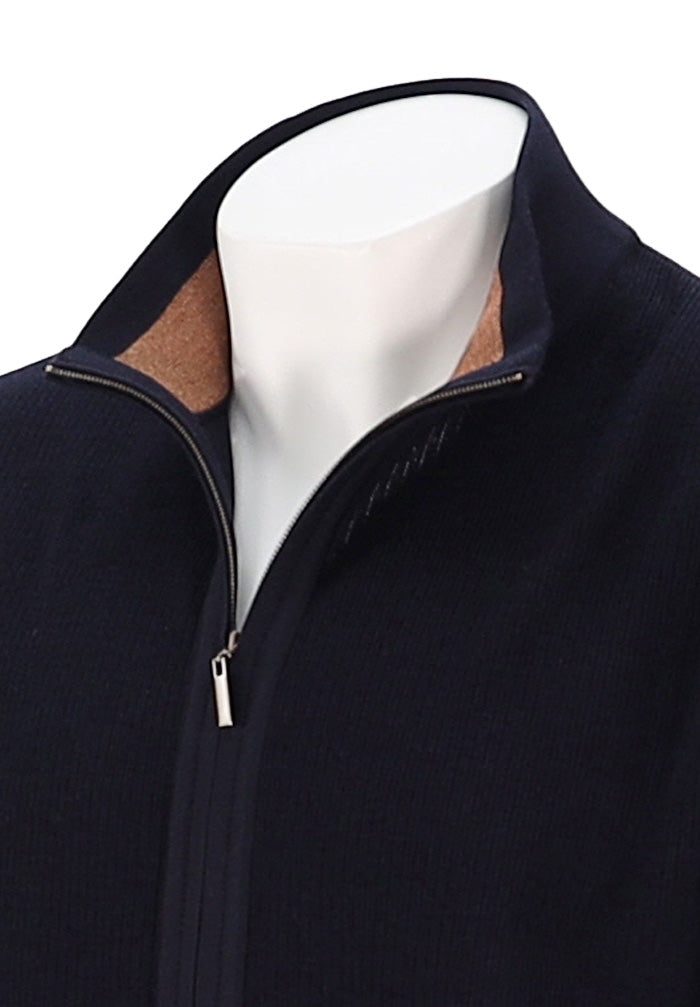 St. Croix Men's Zip Cardigan with Contrast Trim In Deep Navy Close Up