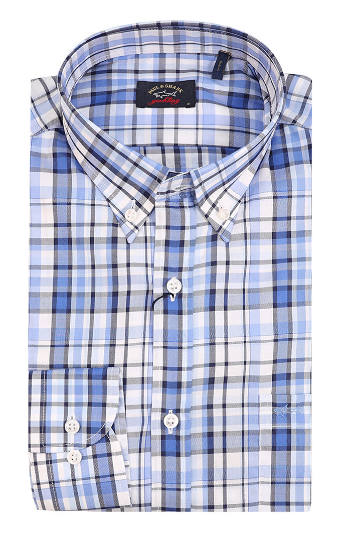 Paul & Shark Men’s Blue and White Plaid Cotton Long Sleeve Button Down Shirt – Mondo Uomo