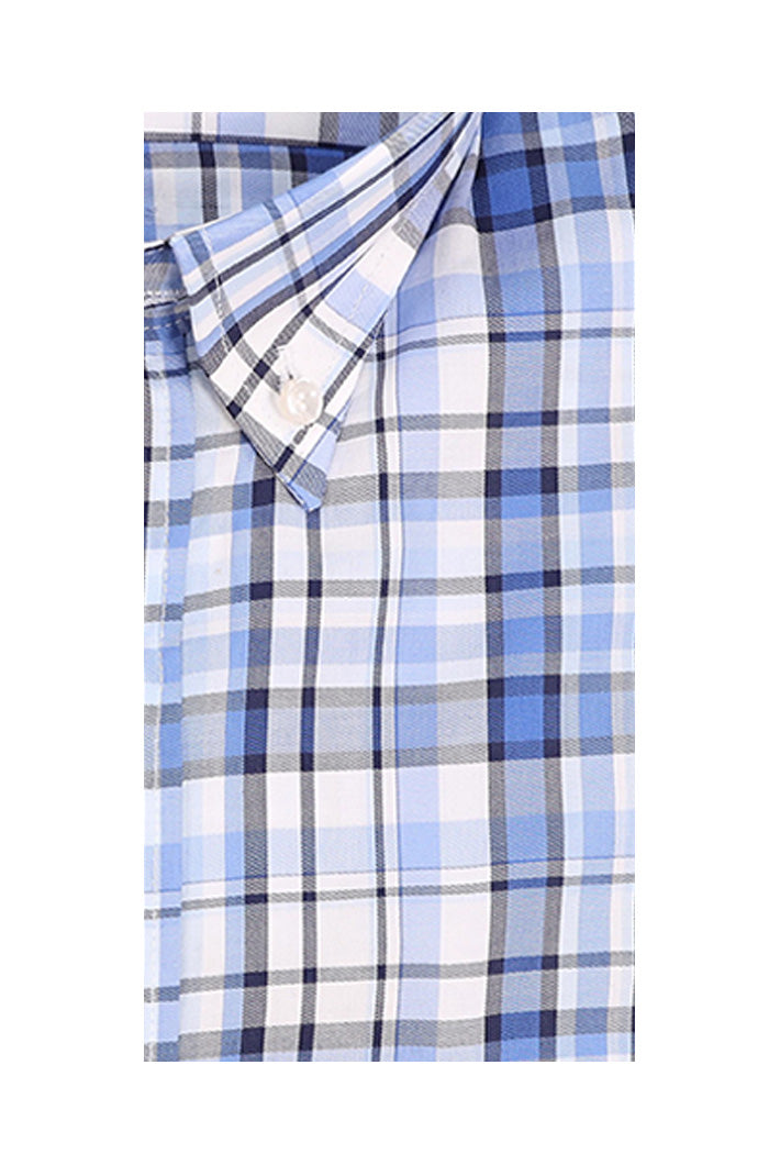 Paul & Shark Men’s Blue and White Plaid Shirt with Button Down Collar and Shark Logo Pocket Close Up 13313130