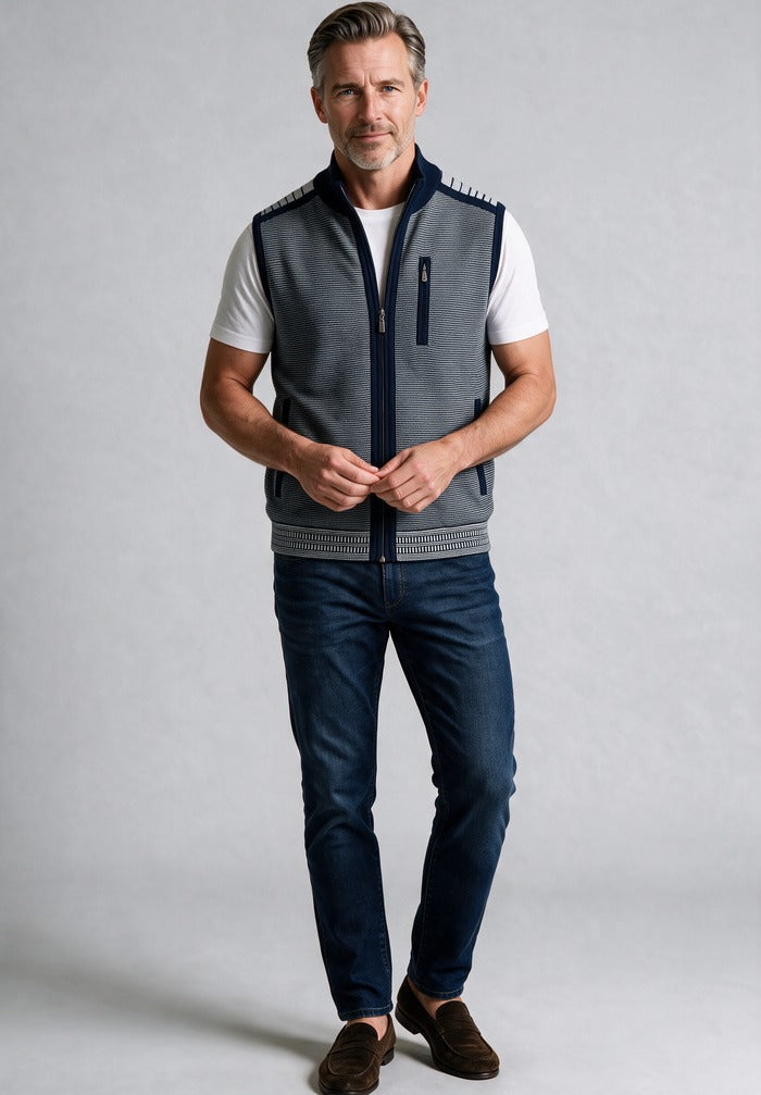 St. Croix Milano Rib Multi-Pocket Vest, Seaport Navy – worn with denim