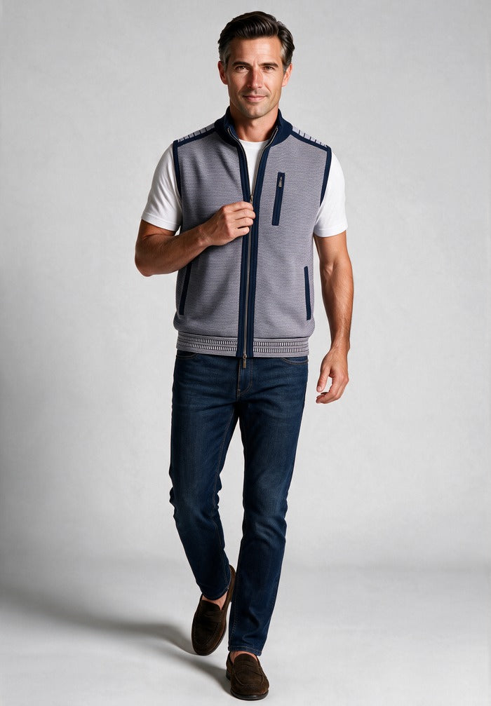 St. Croix Milano Rib Multi-Pocket Vest, Shade Purple – worn with denim