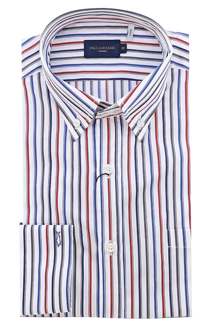 PAUL & SHARK Men's White, Blue, Red, Black Striped Supima Cotton Shirt 14313003-V03 - Mondo Uomo