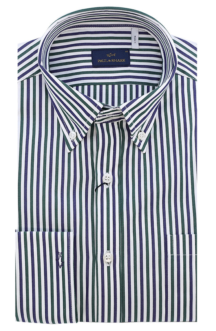 PAUL & SHARK Men's Soft Touch Cotton Poplin Shirt In White, Blue and Green Stripe 14313008-V06 - Mondo Uomo