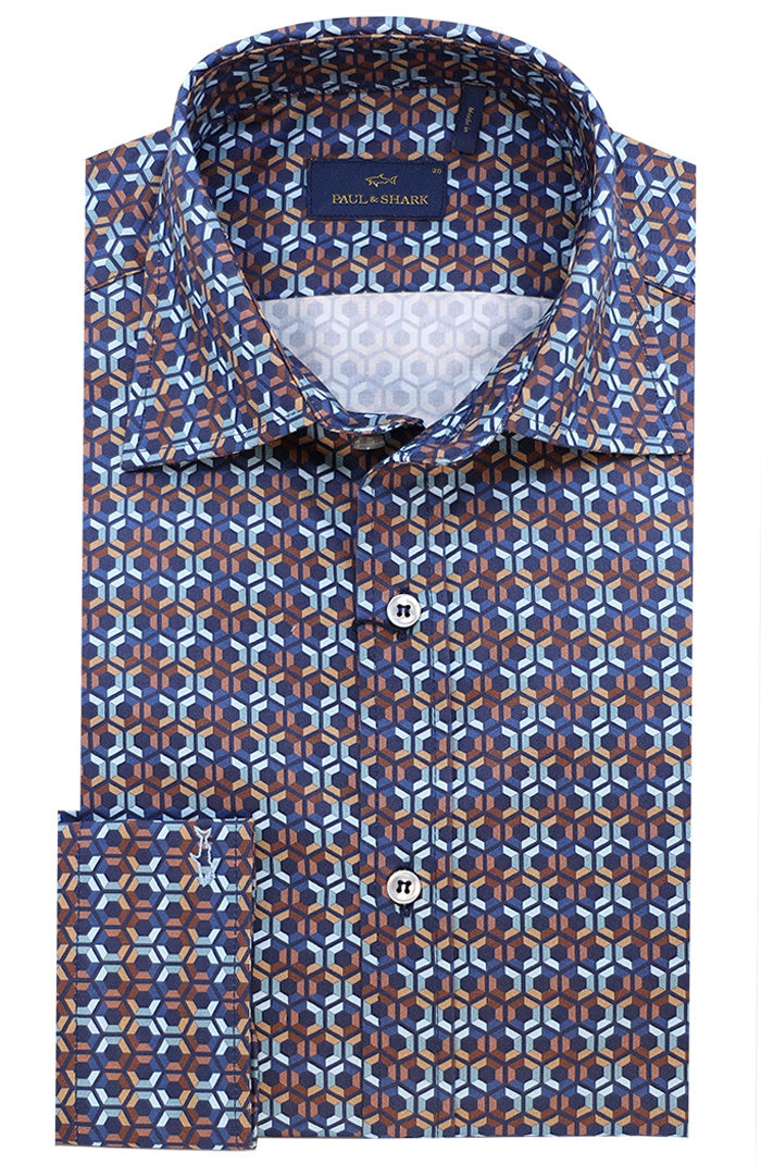 PAUL & SHARK Men's Cotton Twill printed shirt In Geometric 14313036CF-G14 - Mondo Uomo