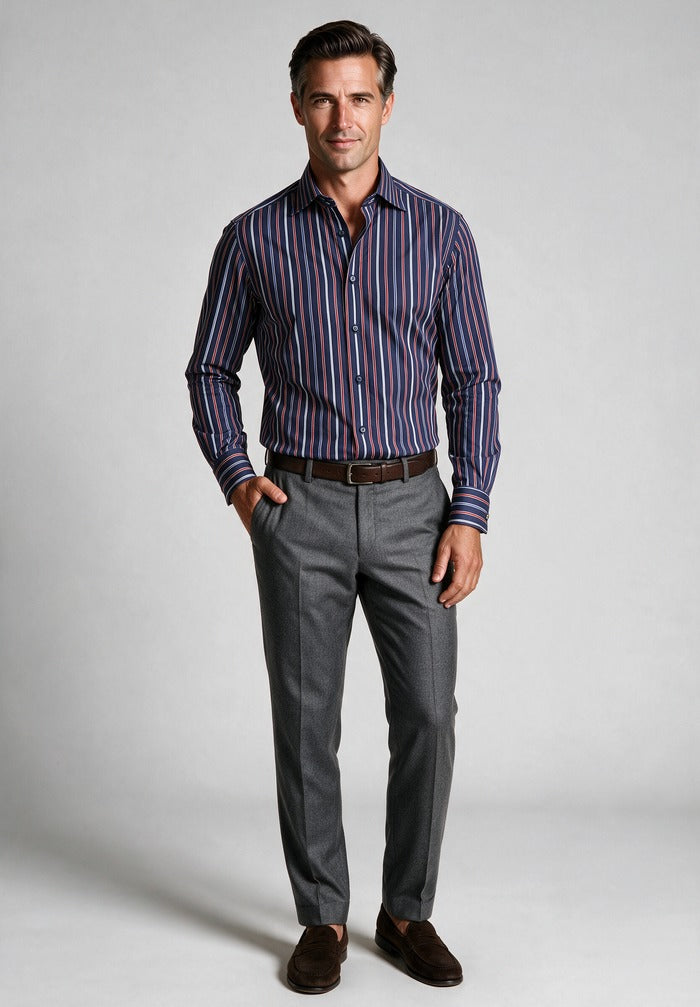 Silver Cotton Satin Shirt — worn with grey trousers