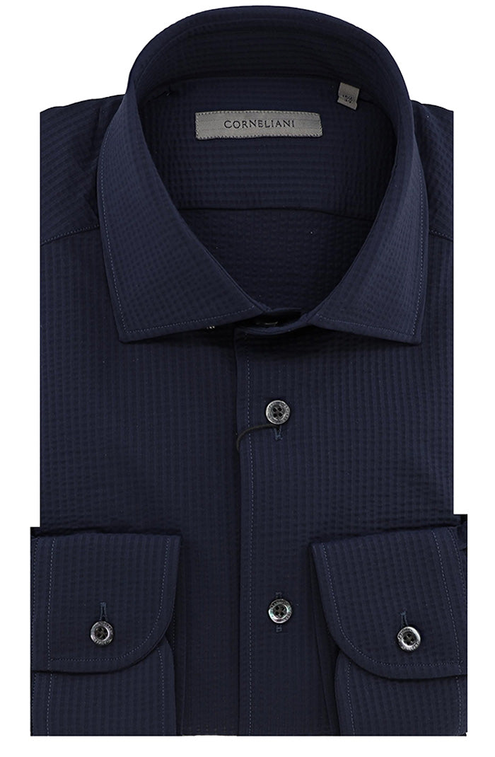 Corneliani Long Sleeve Shirt, Navy Seersucker