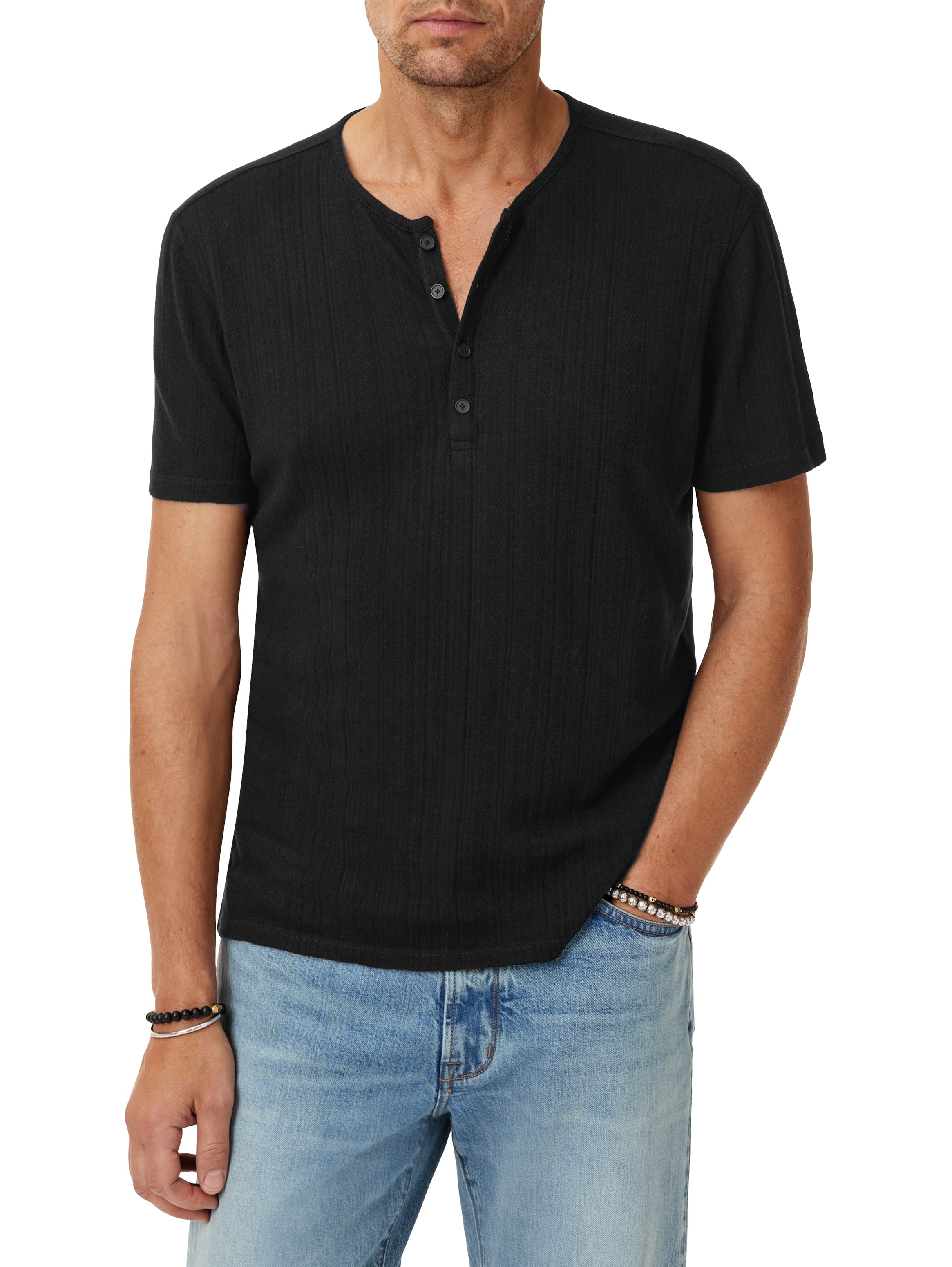 John Varvatos Men’s Black Short Sleeve Variegated Rib Henley On Model - Mondo Uomo