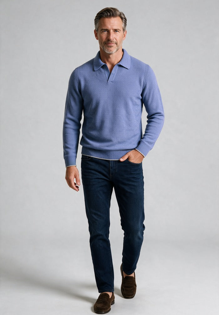 Paul & Shark Cashmere-Wool Open Collar Polo, Light Blue Melange — worn with denim