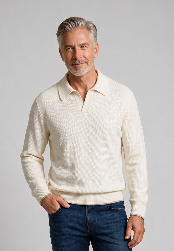 Paul & Shark Cashmere-Wool Open Collar Polo, Snow White — model detail