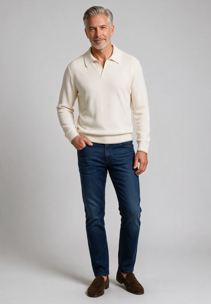 Paul & Shark Cashmere-Wool Open Collar Polo, Snow White — worn with denim