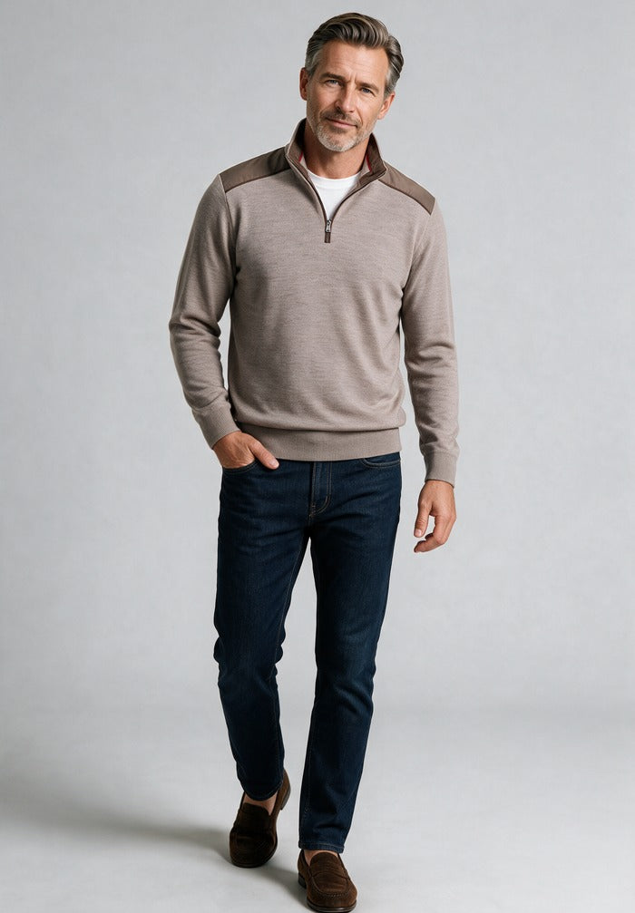 Paul & Shark Pure Wool Typhoon Platinum Half-Zip, Beige — worn with denim