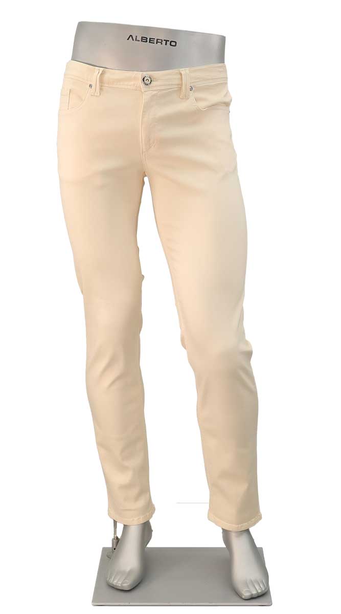 A pair of slim-fit beige jeans displayed on a metallic mannequin lower body, featuring a silver waistband with the brand name 'ALBERTO' printed on it.