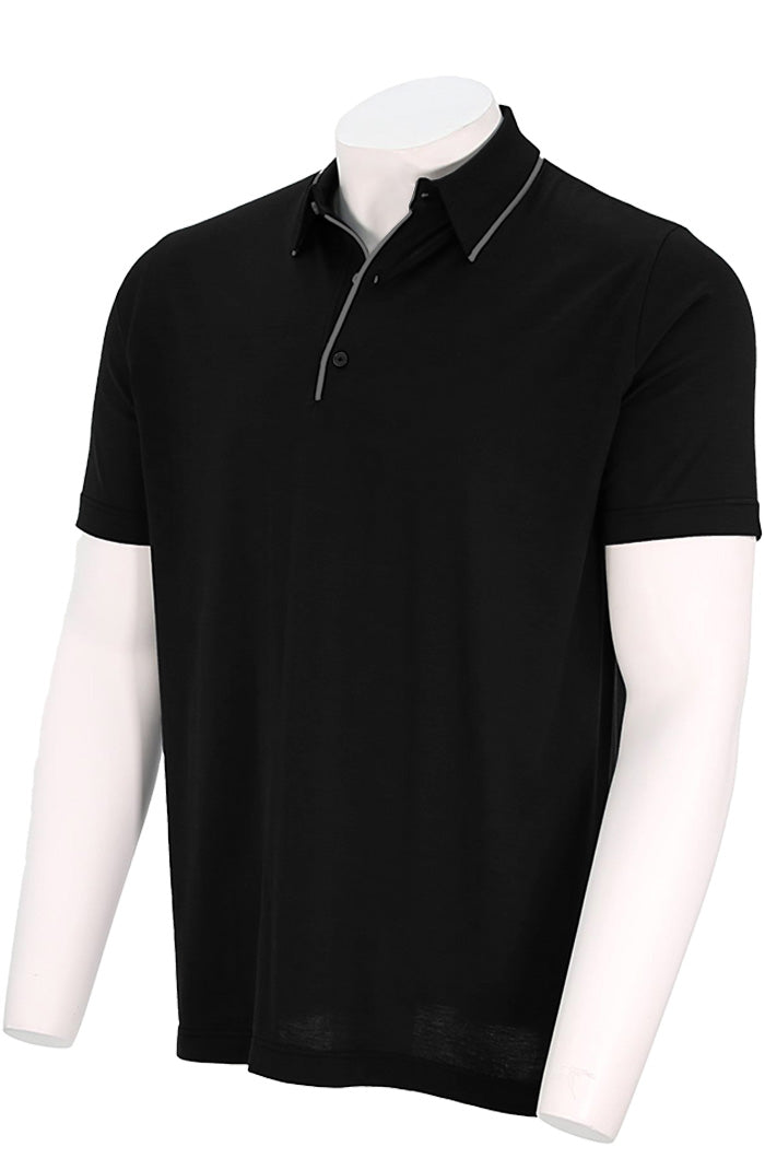 St. Croix Men's Short Sleeve Silk Cotton Polo w/ Placket Tipping In Black Angled View - Mondo Uomo
