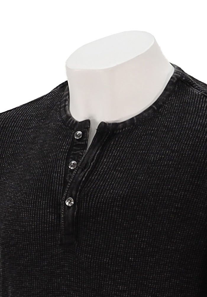 John Varvatos Memphis Men’s Waffle Henley in Black Cotton Fadeaway Wash Close Up