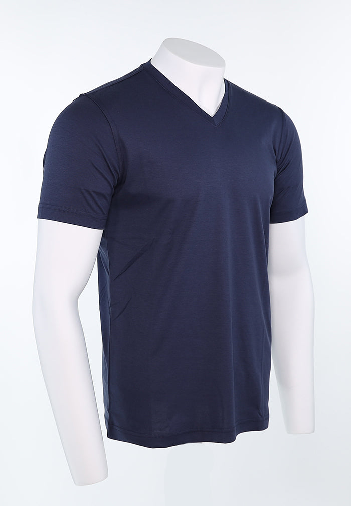 Raffi Aqua Cotton Noah V-Neck Tee in Midnight – view 4 #Color_Midnight