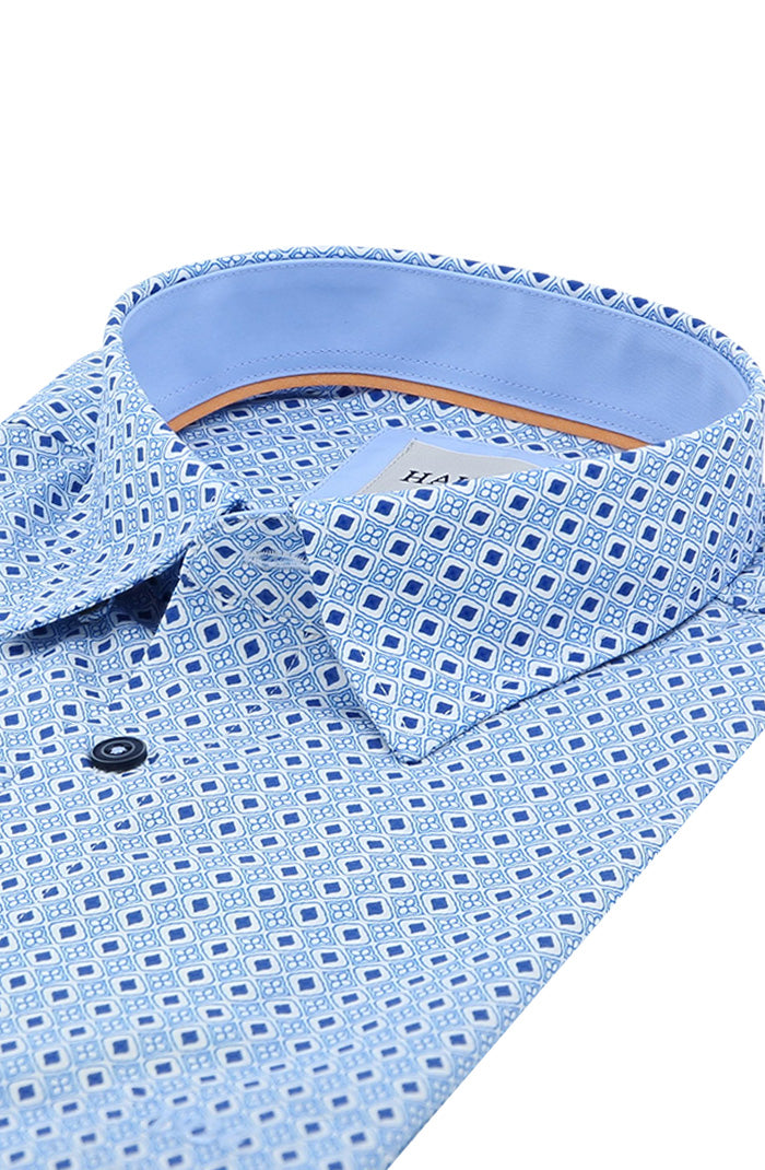 Haupt Men’s Blue and White Diamond Microprint Short Sleeve Cotton Shirt 9006-2914