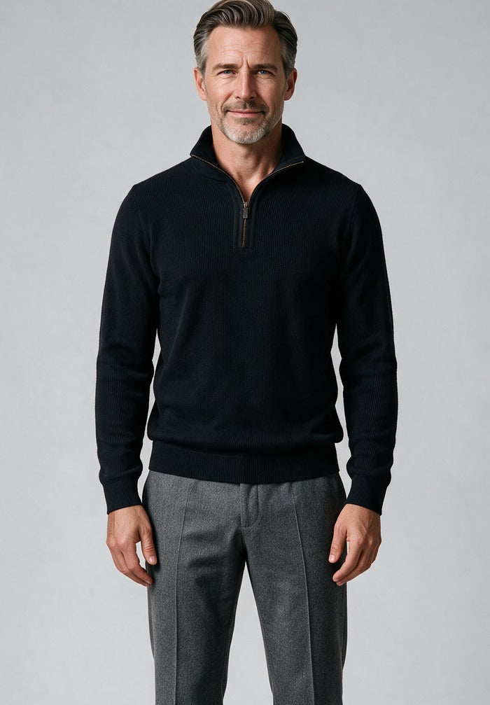 St. Croix Long Sleeve Zip Mock, Black – worn by model, close-up