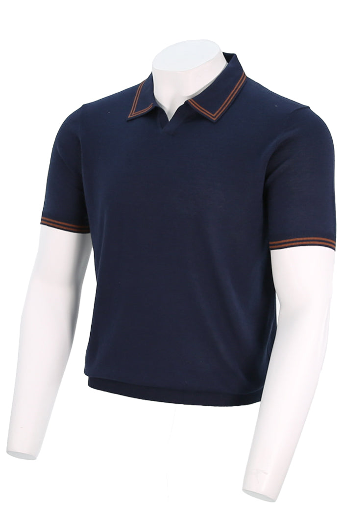Corneliani Men's Tipped Collar Knit Polo In Dark Navy Blue Angled View Mondo Uomo