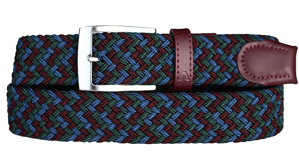 Alberto Men’s Braided Stretch Leather Belt in Blue Teal and Burgundy with Antique Buckle- Mondo Uomo