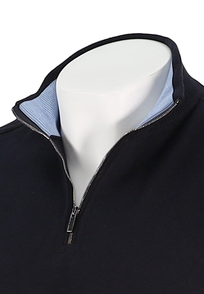 PAUL & SHARK Men's Leather Trim Cotton & Cashmere Half Zip Sweater In Dark Blue Close Up