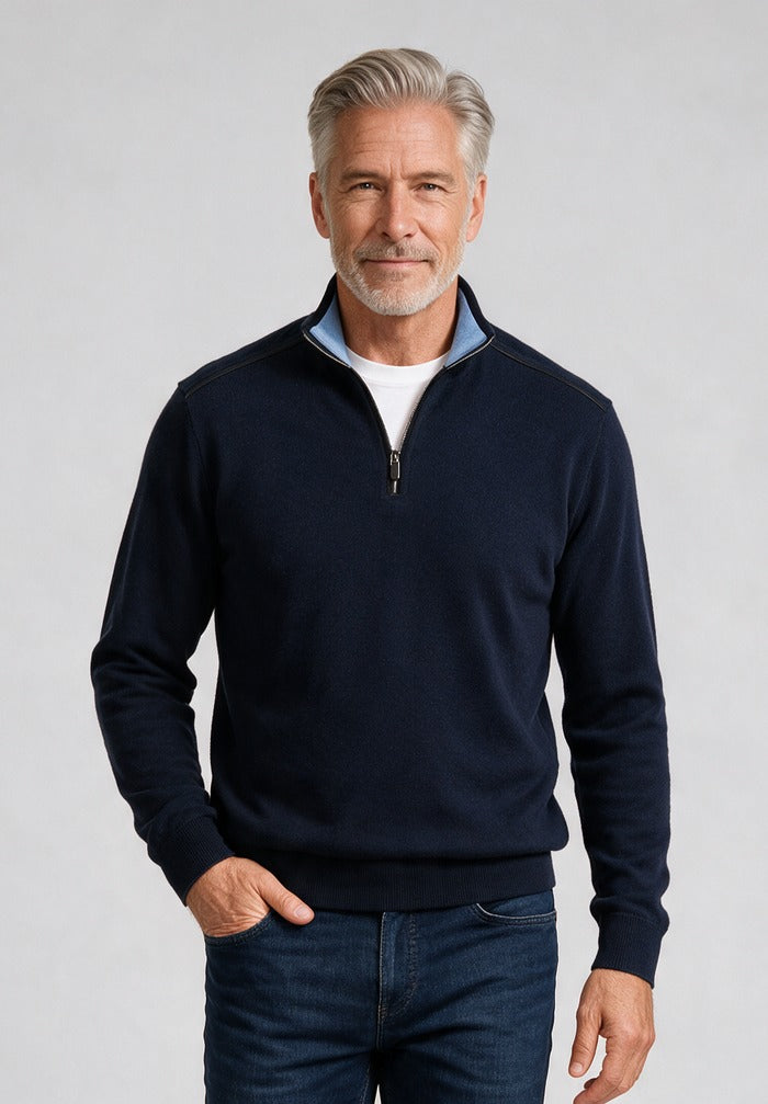 Leather Trim Cashmere Half Zip Sweater — model detail