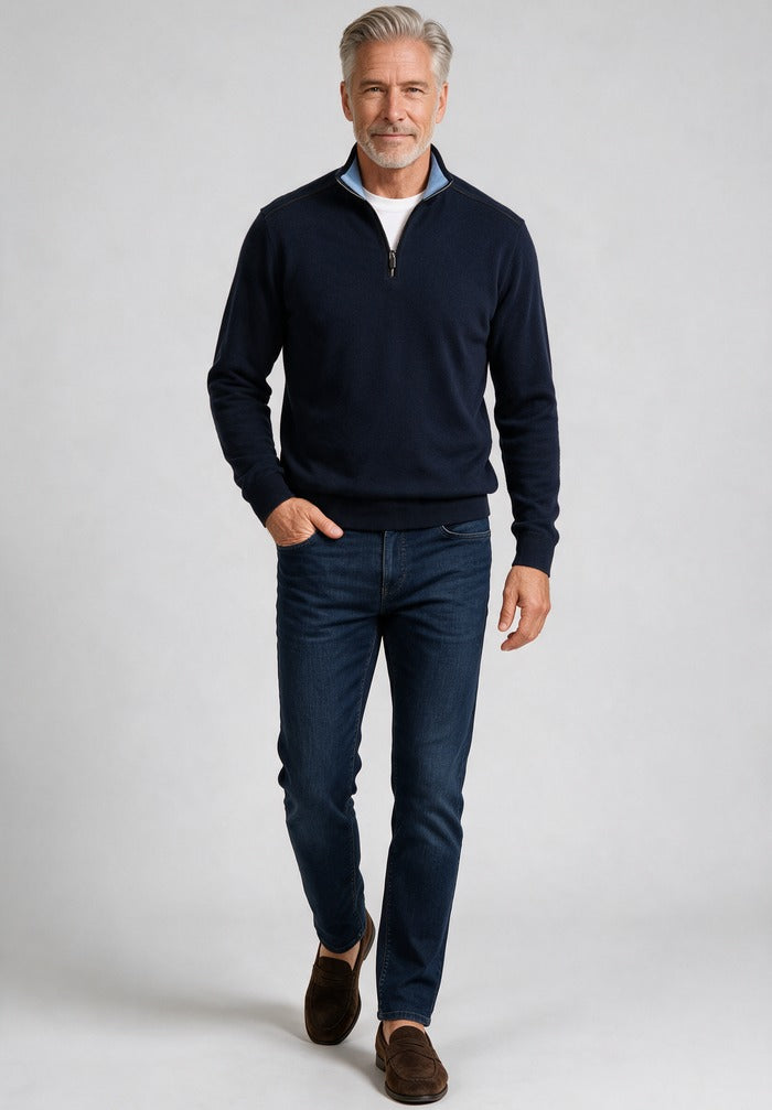 Leather Trim Cashmere Half Zip Sweater — worn with denim