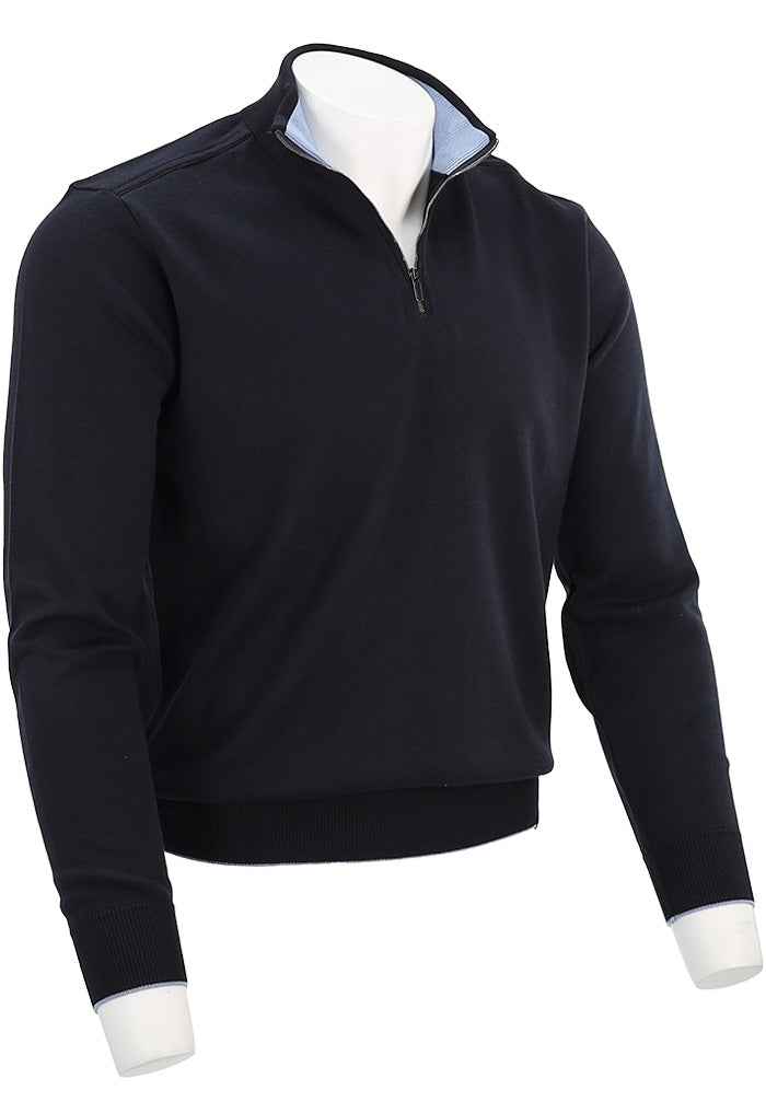 PAUL & SHARK Men's Leather Trim Cotton & Cashmere Half Zip Sweater In Dark Blue Angled View - Mondo Uomo