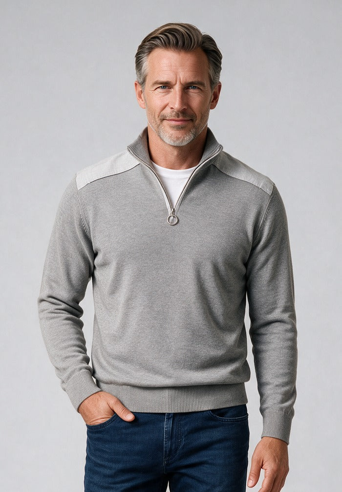 Linen Detail Half Zip Sweater — model detail