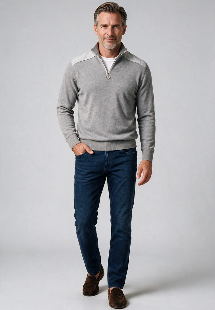 Linen Detail Half Zip Sweater — worn with denim