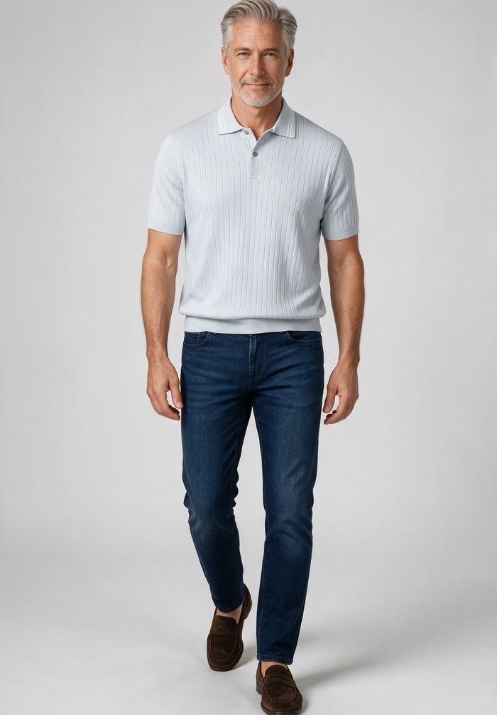 Paul & Shark S/S Flat Rib Polo, Blue — worn with denim