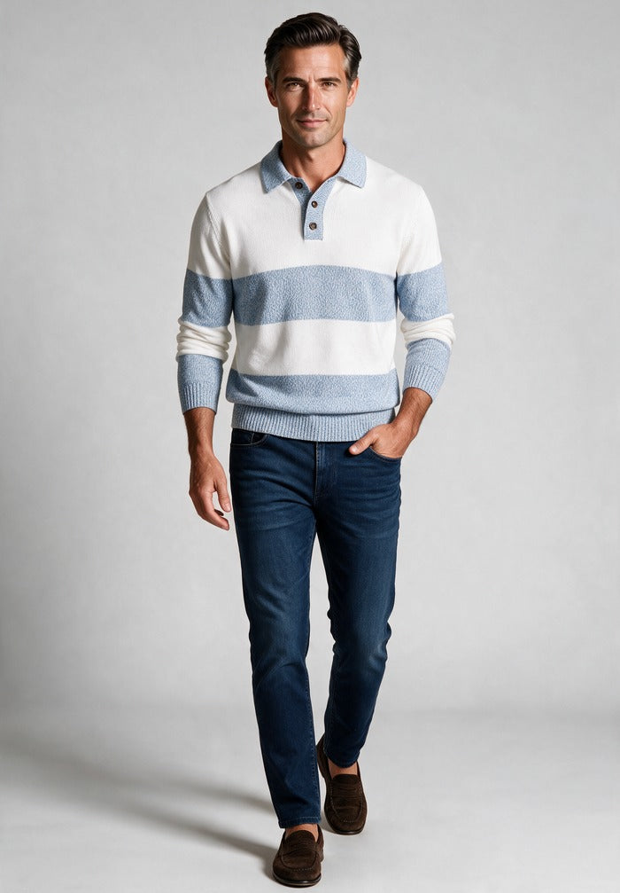 Paul & Shark L/S Polo, Blue — worn with denim