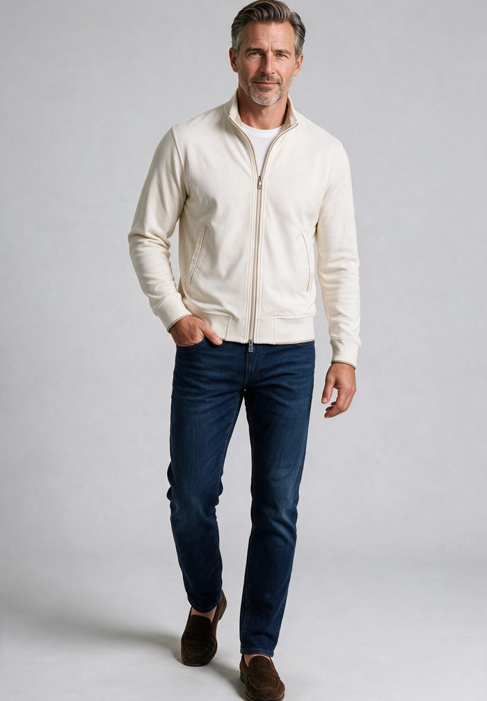 Paul & Shark Full Zip Sweater, Cream — worn with denim