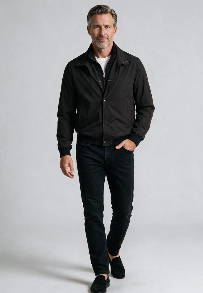 Paul & Shark Button Down Bomber, Black — worn with black denim