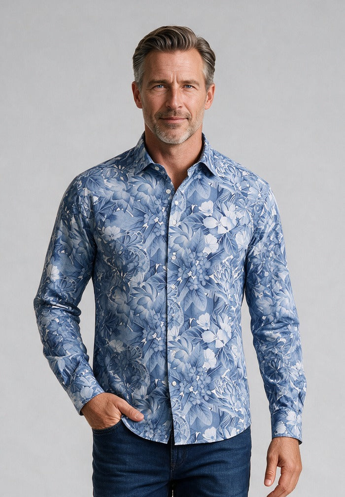 Paul & Shark Long Sleeve Shirt, Blue Floral — model detail