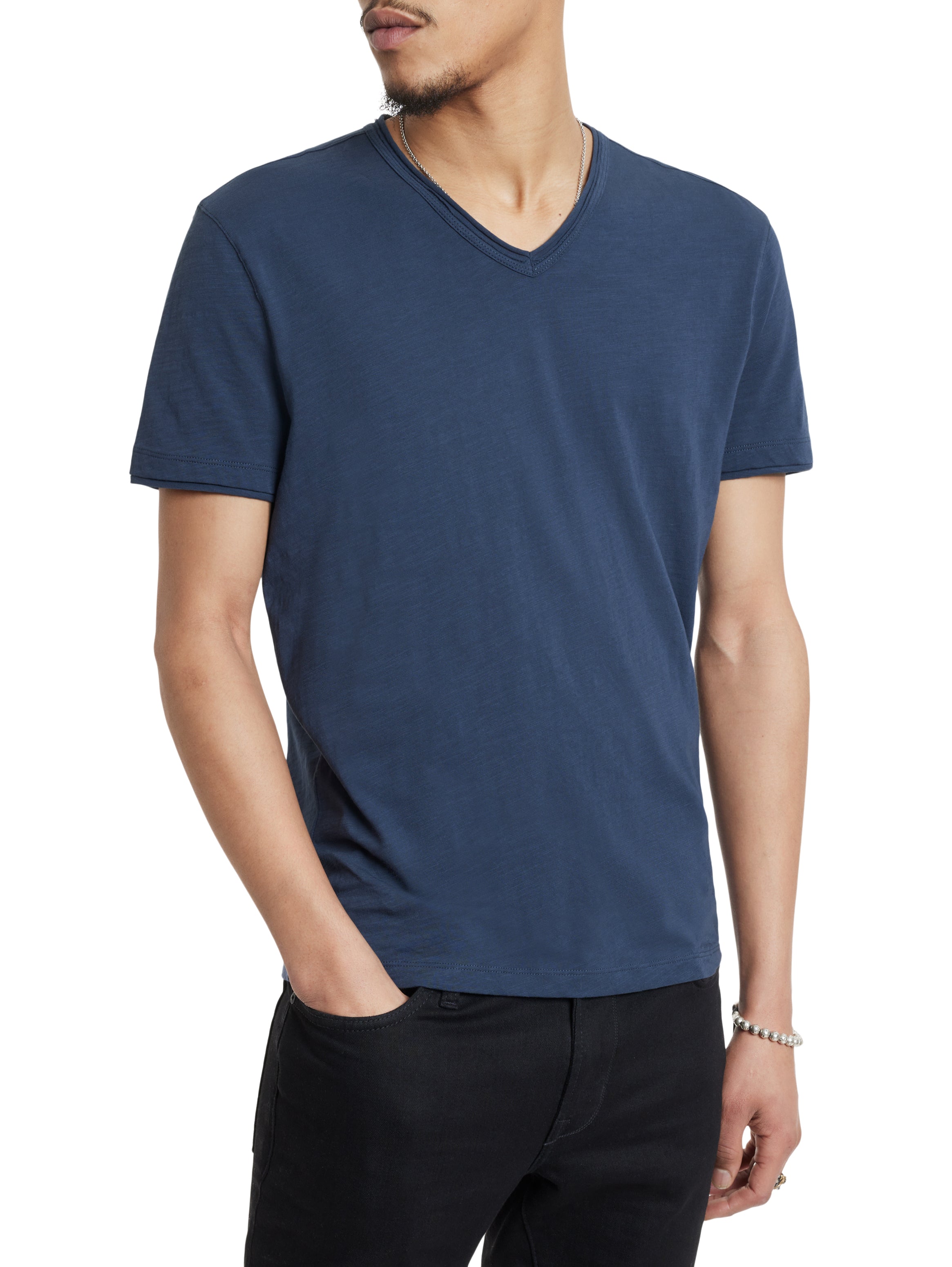 John Varvatos Miles Men’s Slub V-Neck T-Shirt in Oiled Blue Cotton with Raw Edge On Model